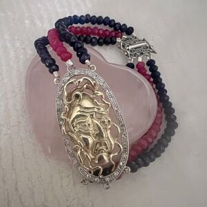 Very Rare Vintage Medusa Gold over Sterling Gemstone Beaded Italian Bracelet